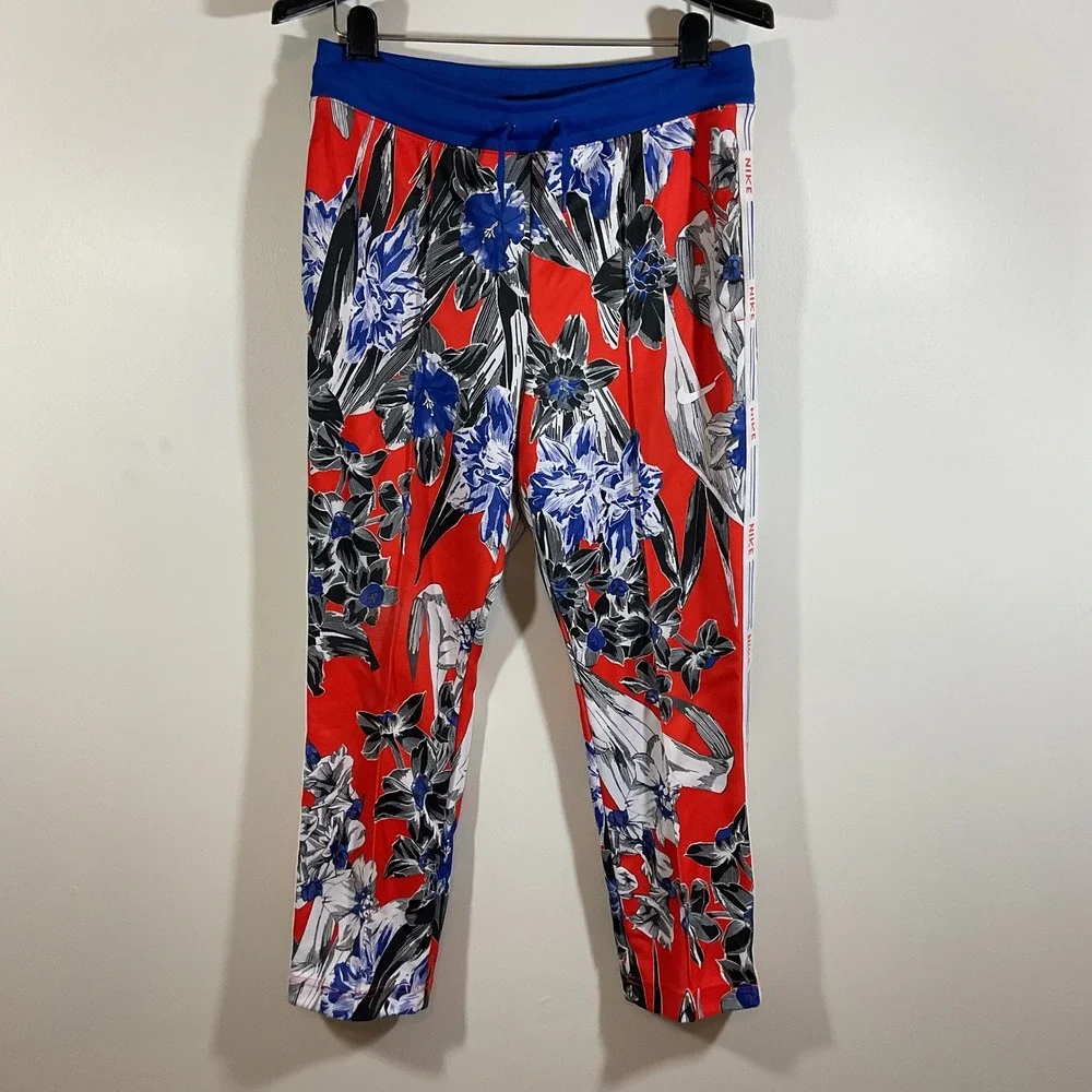 Nike Floral Track Pants Women M Red Cropped Botanical Logo Tape Streetwear Retro